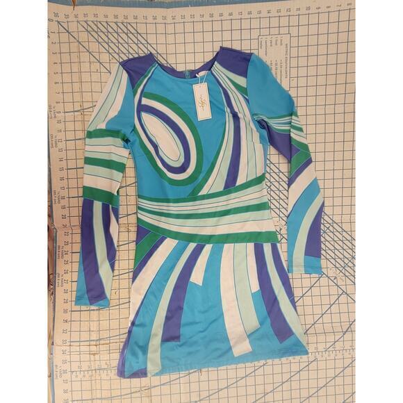 HP Julie Brown Blue Abstract Long Sleeve Stretchy Shift Dress 90s does 60s - Picture 5 of 16